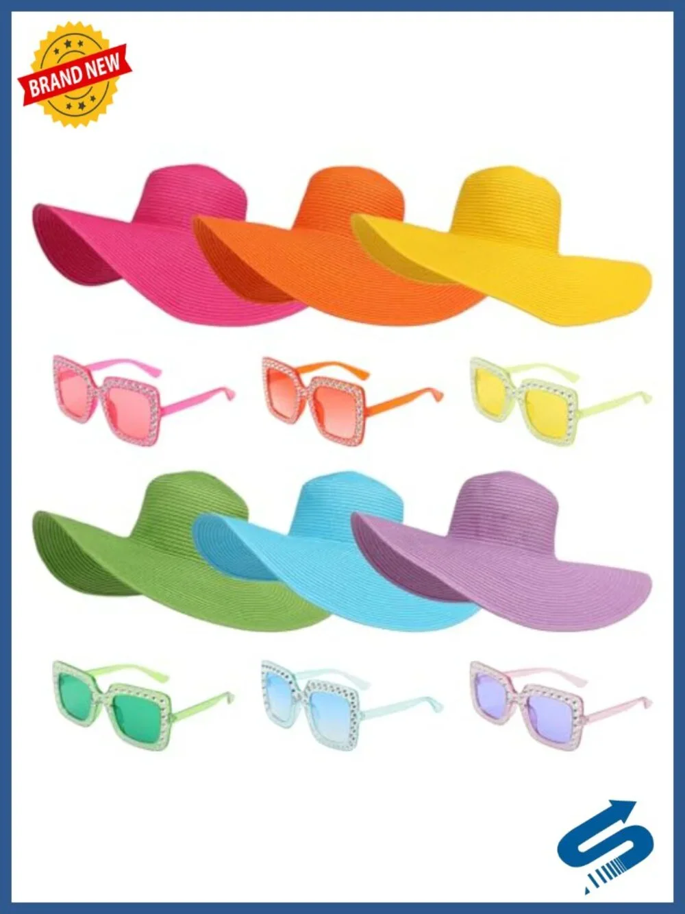 Wide Brim Straw Sun Hat UPF 50+ with Crystal Oversized Square Sunglasses - Pack